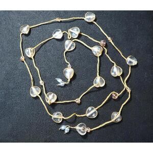 Clear Beaded Heart & Gold Tone Cord Long Necklace
